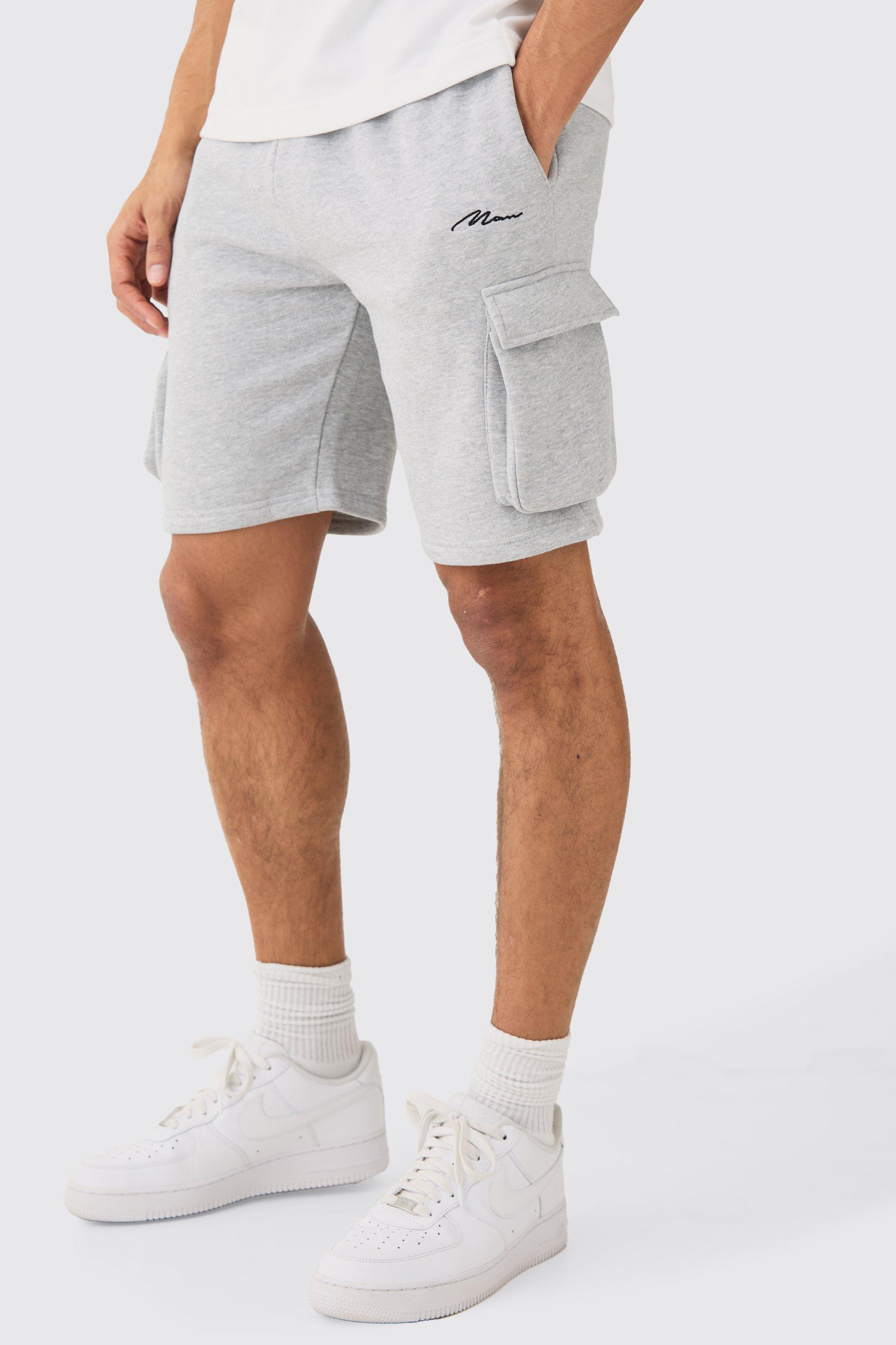 Mens Grey Man Signature Loose Fit Mid Length Cargo Short, Grey